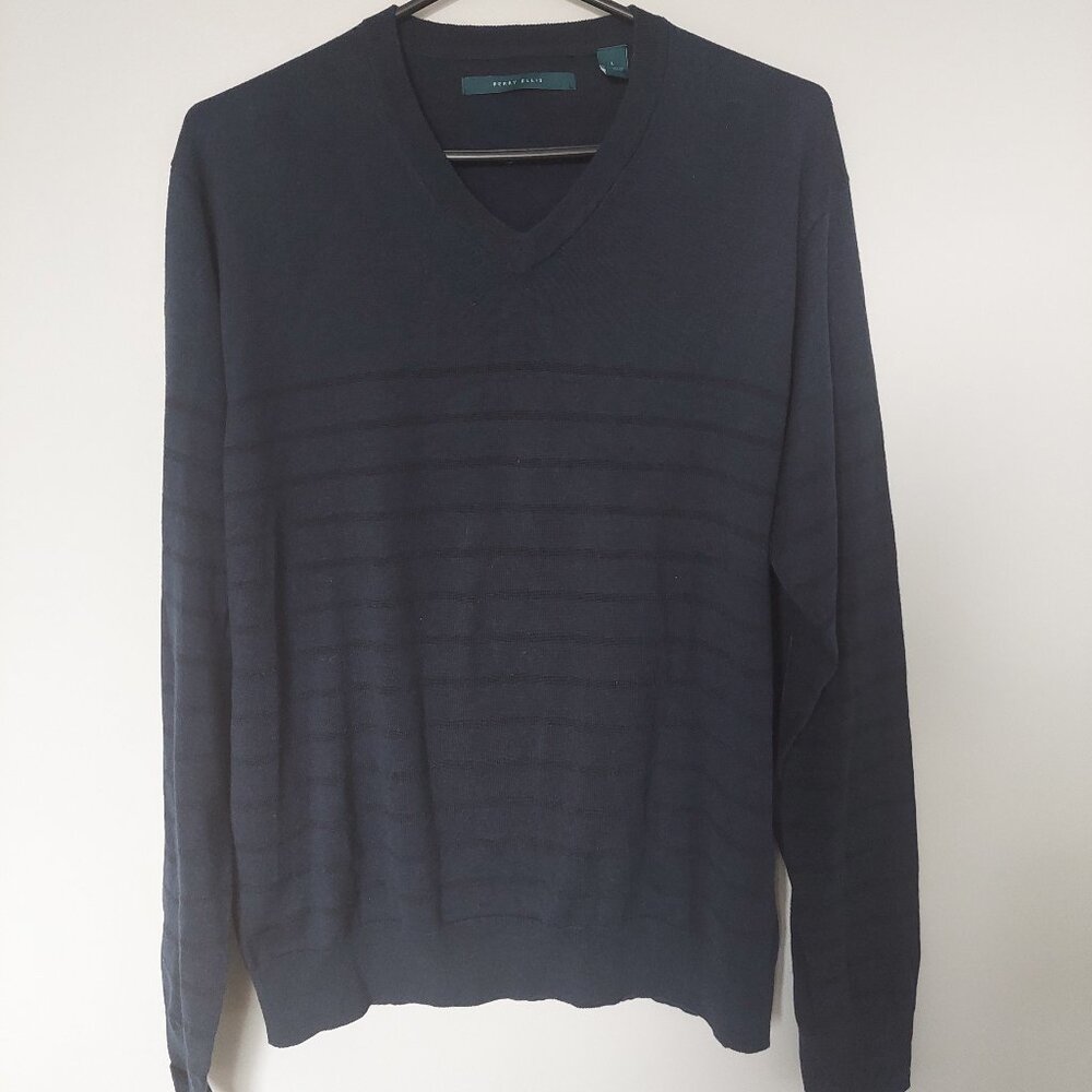 Perry Ellis Men's Size L Navy Striped V Neck Pullover Sweater Cotton Blend
